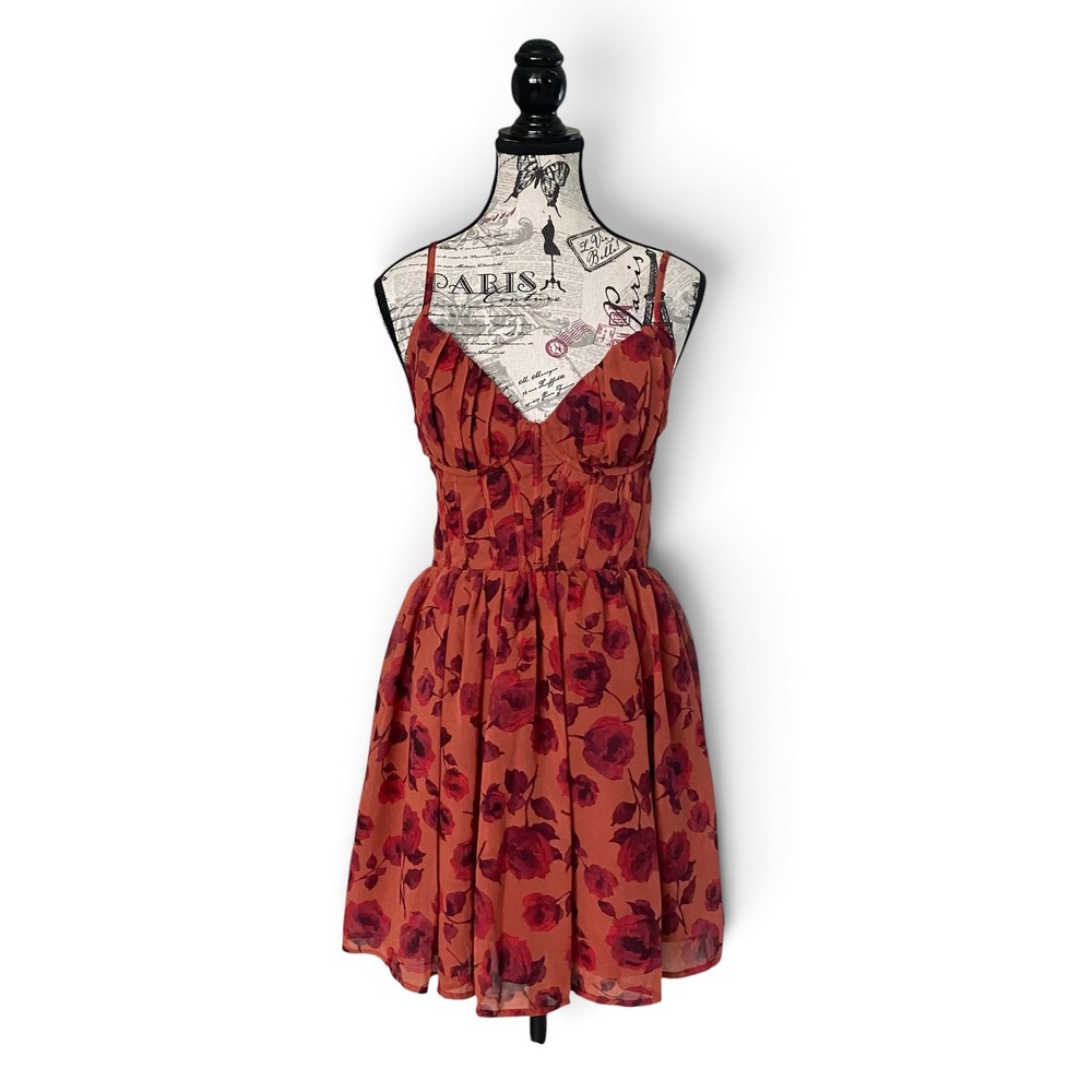 VICI Floral Corset Mini Dress Womens Large Orange Red Rose Fairy‎ Cottage